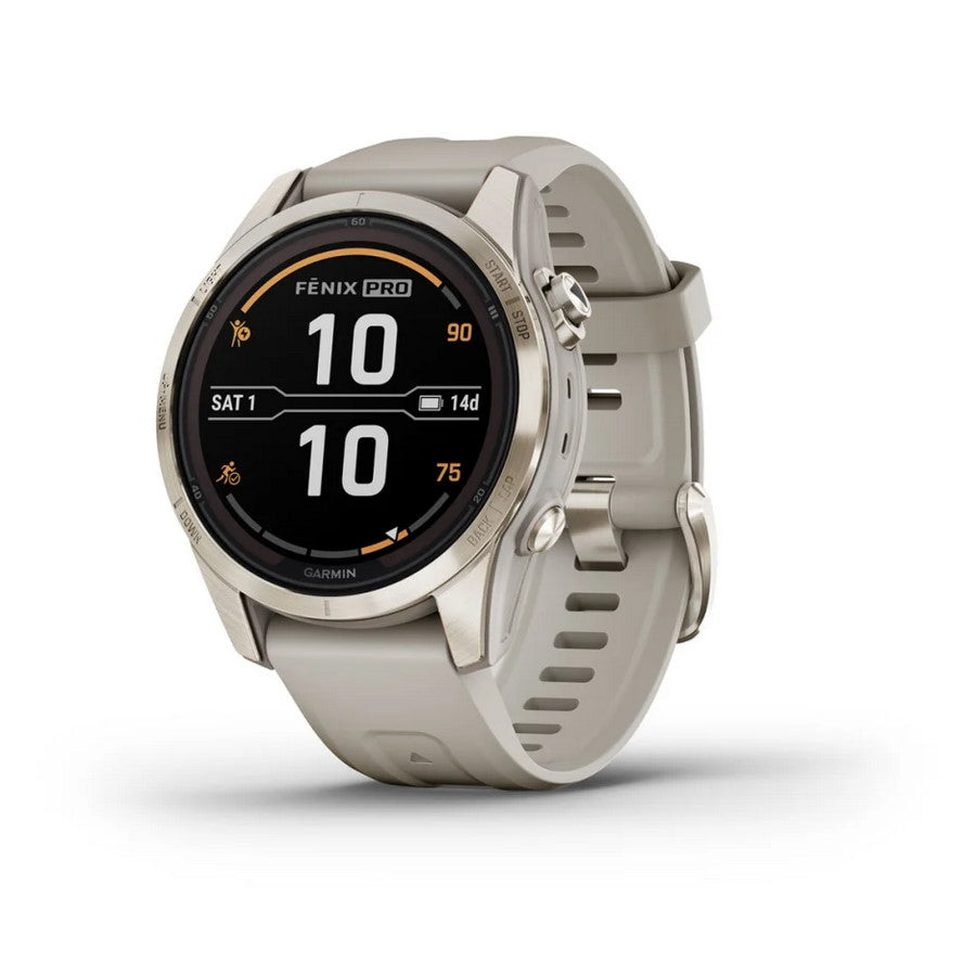 Smartwatch Garmin Fenix 7S Pro Sapphire Solar GPS Multisport Outdoor Cardio Soft Gold Cinturino Light Sand