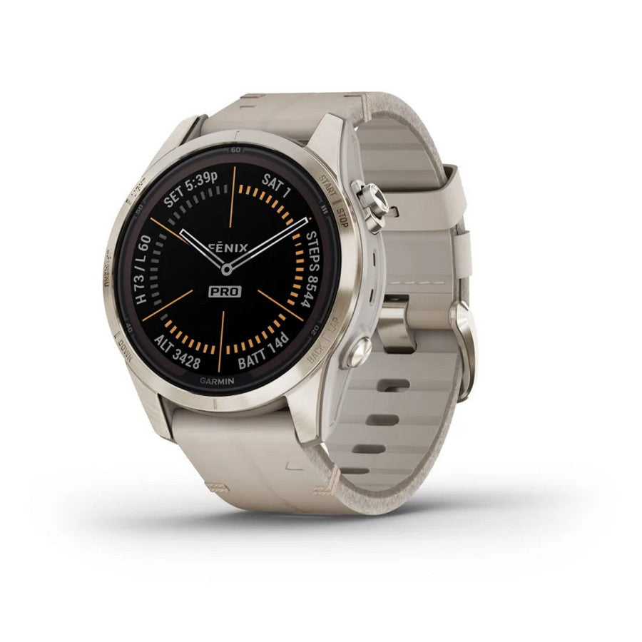 Smartwatch Garmin Fenix 7S Pro Sapphire Solar GPS Multisport Outdoor Cardio Soft Gold Cinturino Pelle Limestone