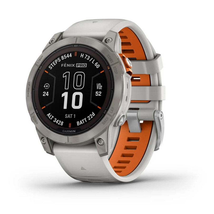 Smartwatch Garmin Fenix 7 Pro Sapphire Solar GPS Multisport Outdoor Cardio Titanium Cinturino Fog Gray/Ember Orange