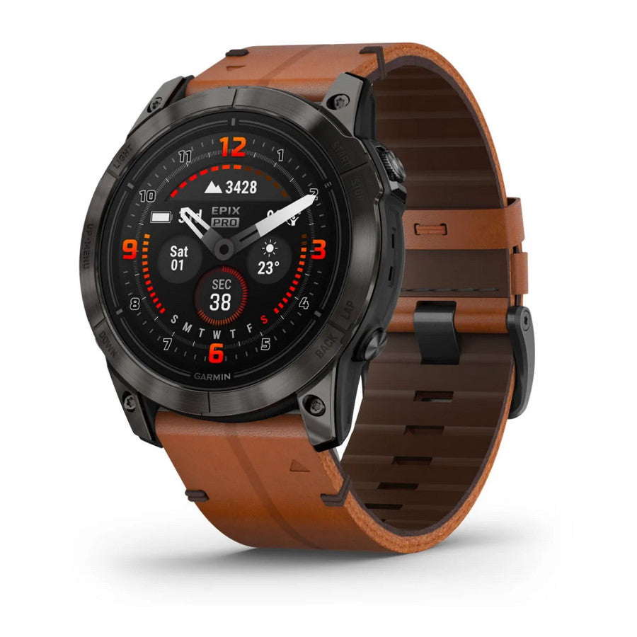 Smartwatch Garmin Epix Pro Gen 2 Sapphire 51mm GPS Multisport Outdoor AMOLED Cardio Carbon Gray DLC Titanium Cinturino Chestnut Leather