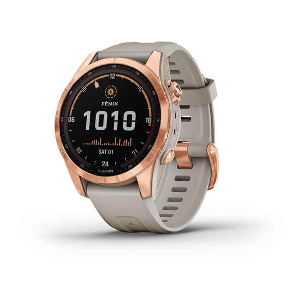 Garmin Fenix 7S Solar GPS Multisport Outdoor Cardio Rose Gold Smartwatch Silicone Strap Light Sand