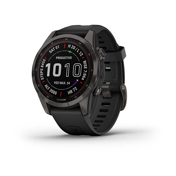 Smartwatch Garmin Fenix 7S Sapphire Solar Titanium GPS Multisport Outdoor Cardio Carbon Grey DLC Cinturino Silicone Black