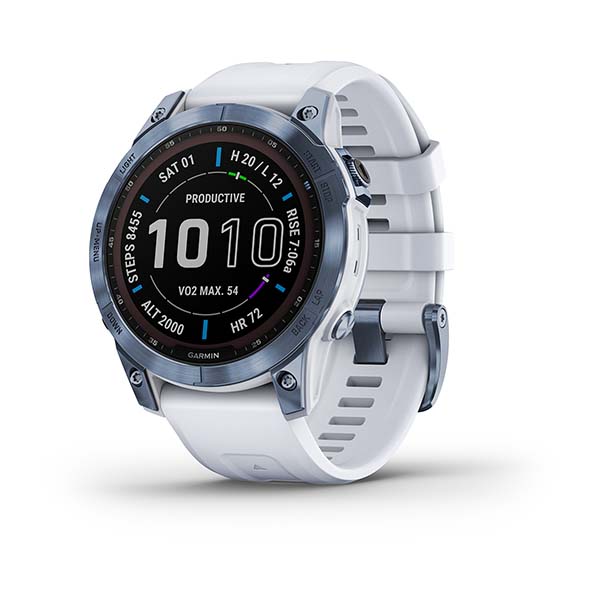 Garmin Fenix 7 Sapphire Solar Titanium GPS Multisport Smartwatch Outdoor Cardio Mineral Blue Whitestone Silicone Strap