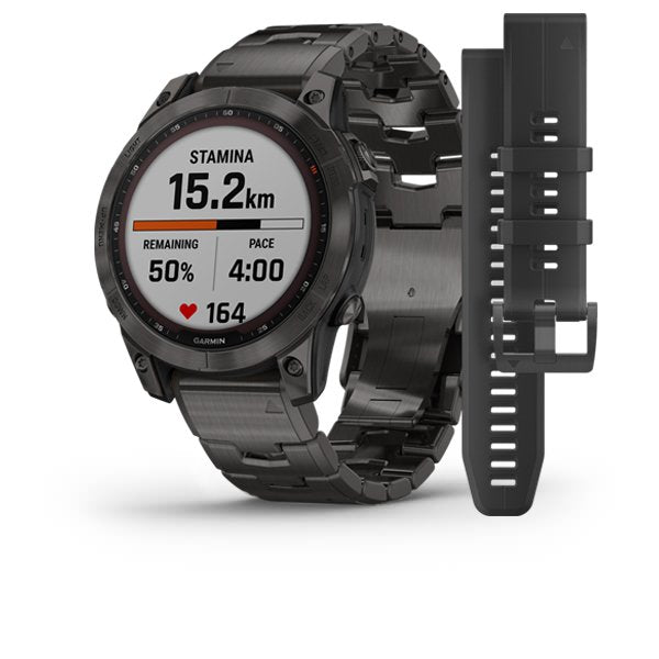 Smartwatch Garmin Fenix 7 Sapphire Solar Titanium GPS Multisport Outdoor Cardio Carbon Grey DLC Cinturino Vented Titanio