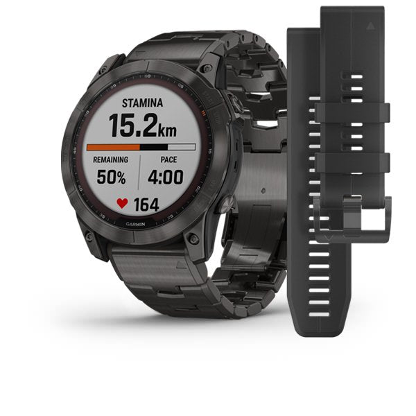 Smartwatch Garmin Fenix 7X Sapphire Solar Titanium GPS Multisport Outdoor Cardio Carbon Grey DLC Cinturino Vented Titanio